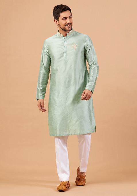 Pastel Green Amil Embroidered Raw Silk Kurta For Men