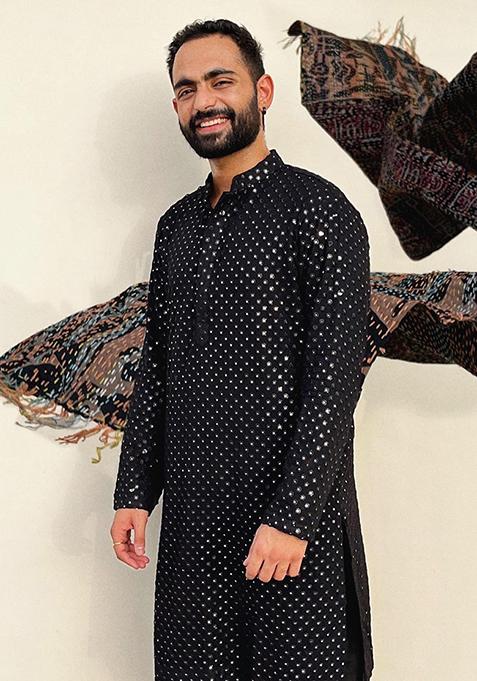 Black Mirror Embroidered Kurta For Men