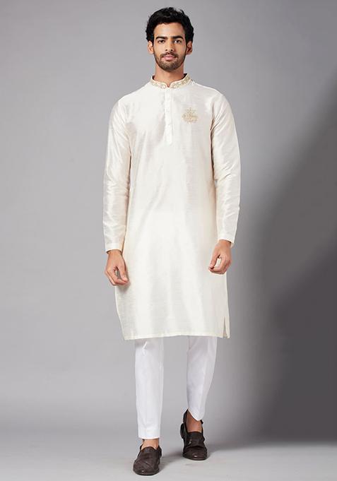 Off White Ecru Basik Embroidered Kurta For Men