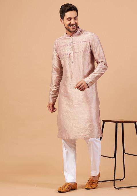 Beige Brown Floral Geometric Embroidered Kurta For Men