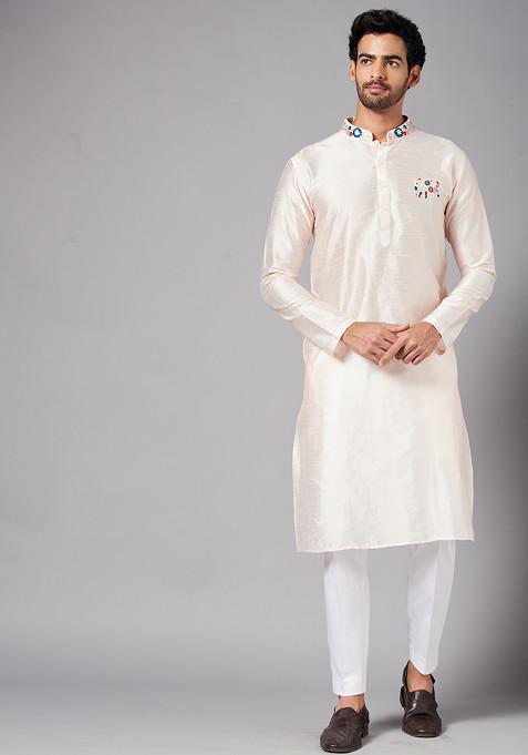 Peach Gajanan Basik Embroidered Kurta For Men