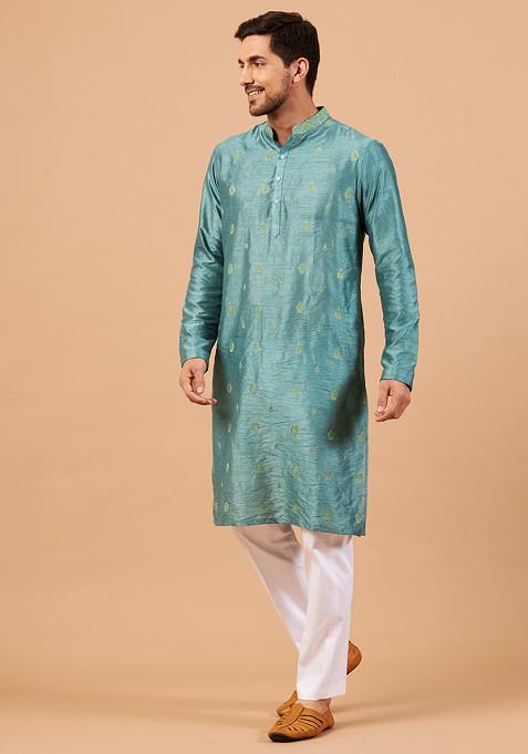 Teal Greafy Embroidered Kurta For Men