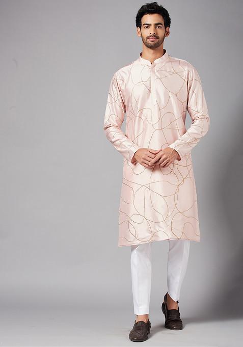 Peach Abstract Embroidered Kurta For Men