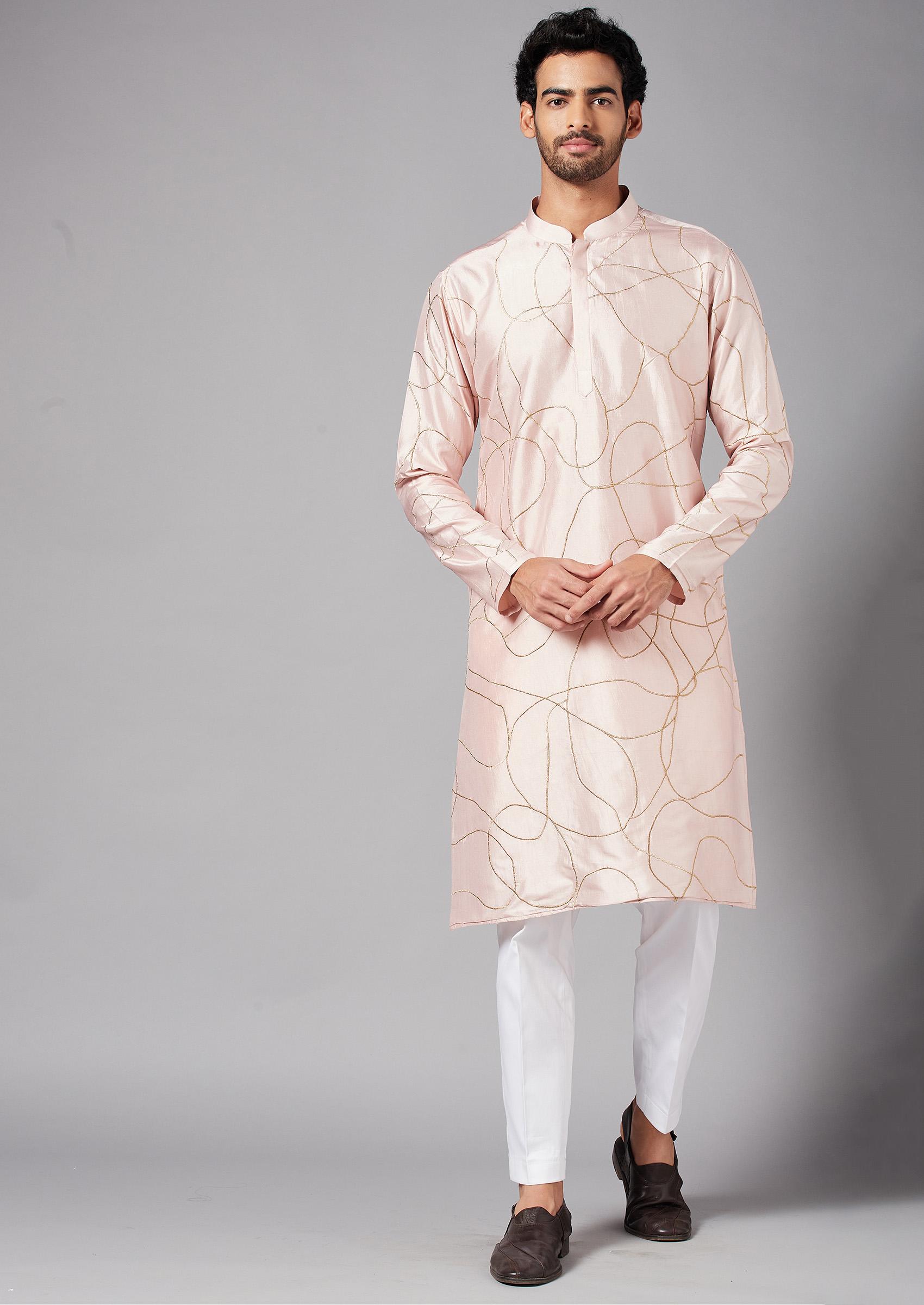 Peach Abstract Embroidered Kurta For Men