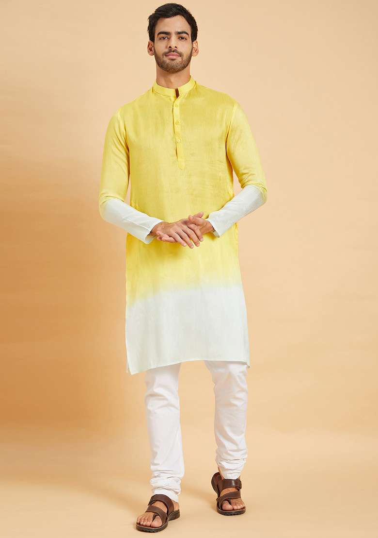 Yellow Lahza Ombre Embroidered Kurta For Men - Indya