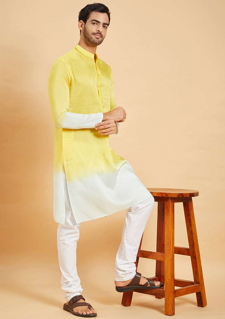 Yellow Lahza Ombre Embroidered Kurta For Men - Indya