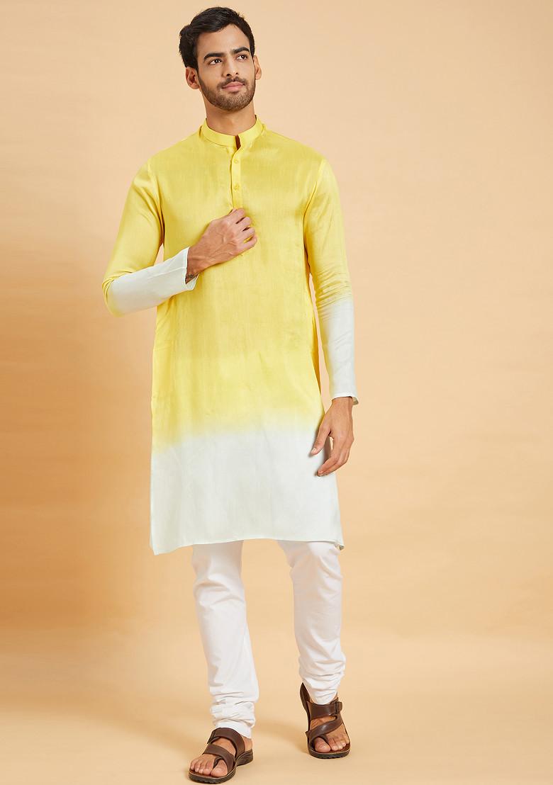 Yellow Lahza Ombre Embroidered Kurta For Men