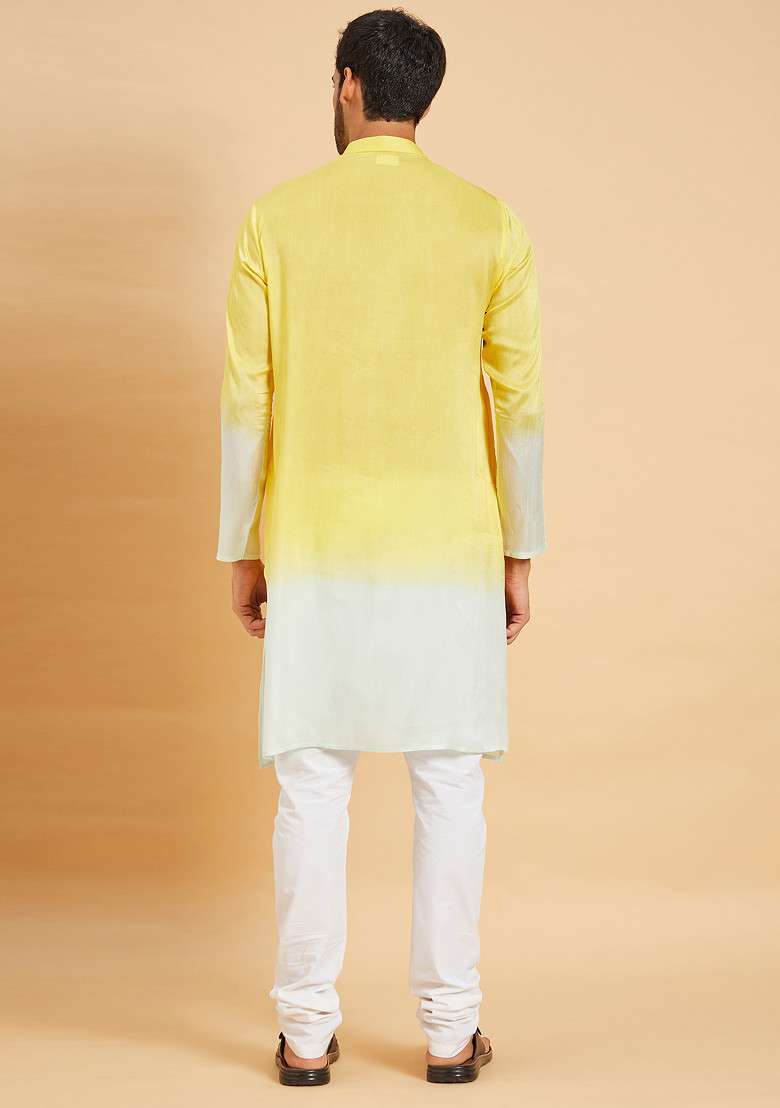 Yellow Lahza Ombre Embroidered Kurta For Men - Indya