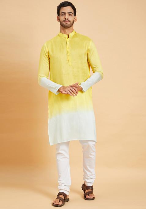 Yellow Lahza Ombre Embroidered Kurta For Men