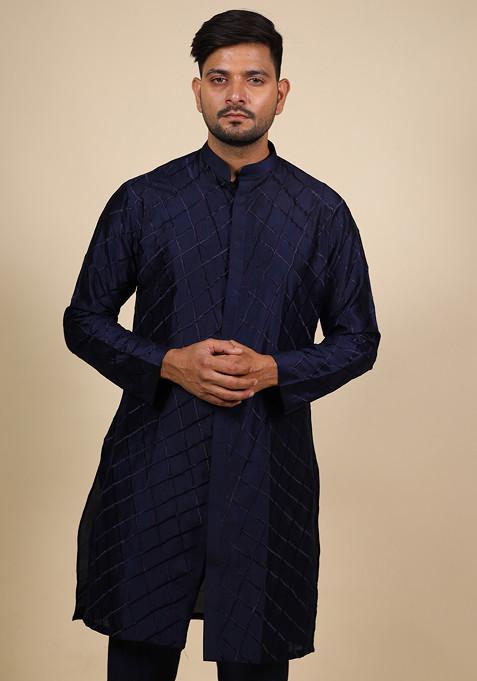 Navy Blue Embroidered Silk Kurta For Men