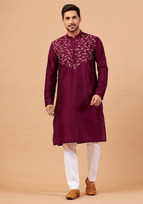 Magenta Leaf Motif Embroidered Kurta For Men