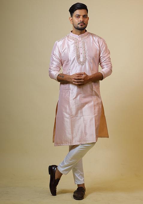 Pink Coral Embroidered Designer Kurta For Men