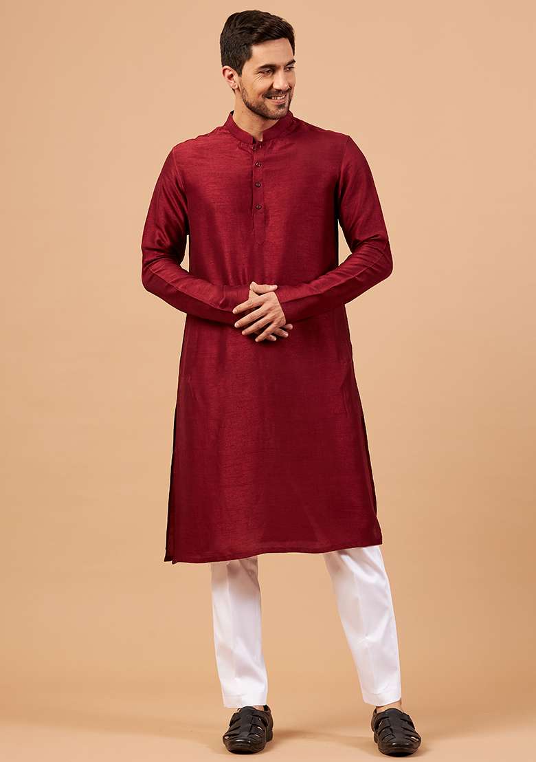 Maroon Solid Kurta For Men - Indya