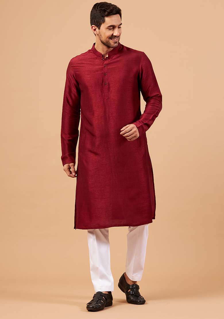 Maroon Solid Kurta For Men - Indya