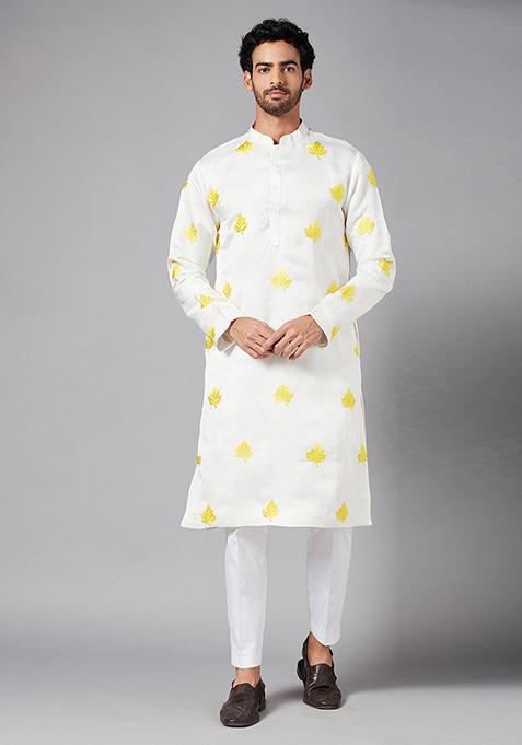 White Mogra Satin Kurta For Men