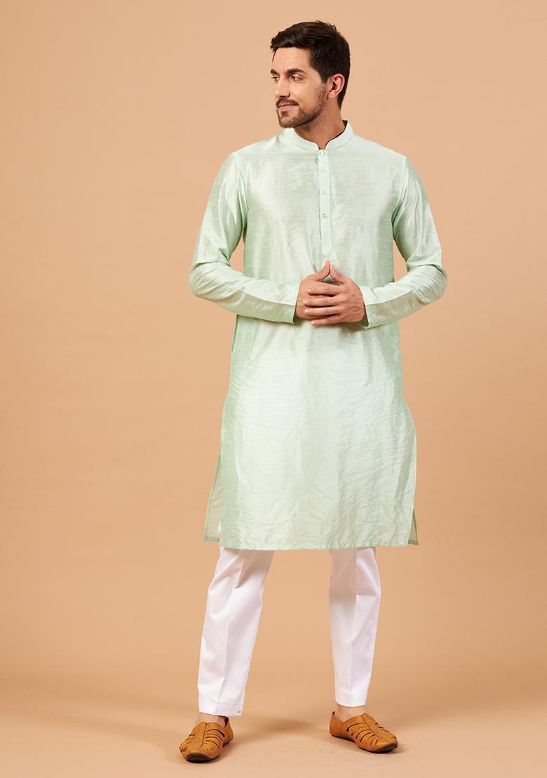 Pastel Green Embroidered Raw Silk Kurta For Men