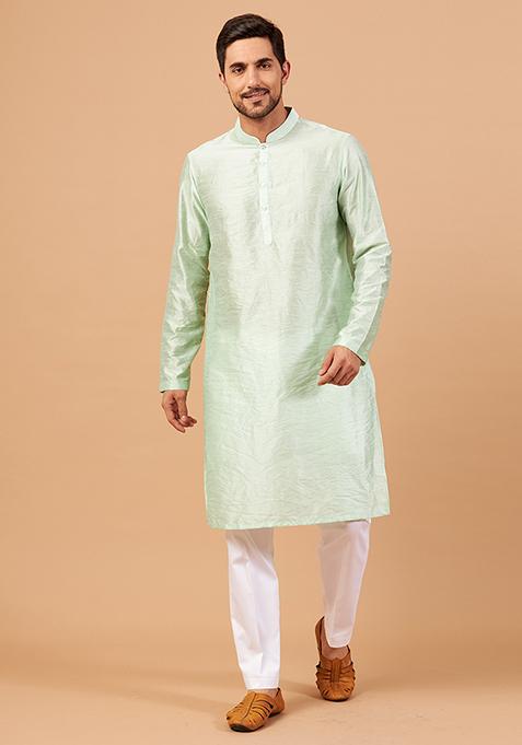 Pastel Green Embroidered Raw Silk Kurta For Men