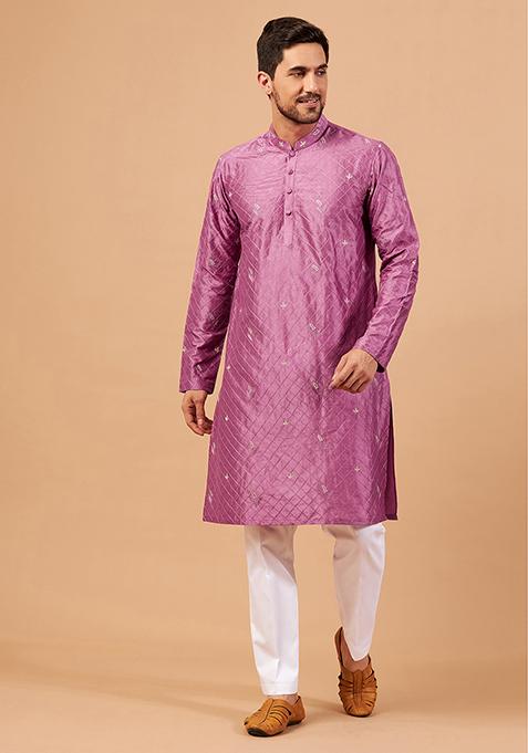 Purple Pumetric Leaf Embroidered Kurta For Men