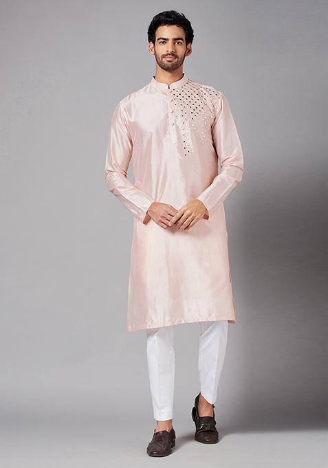 Peach Rooyi Mirror Embroidered Kurta For Men