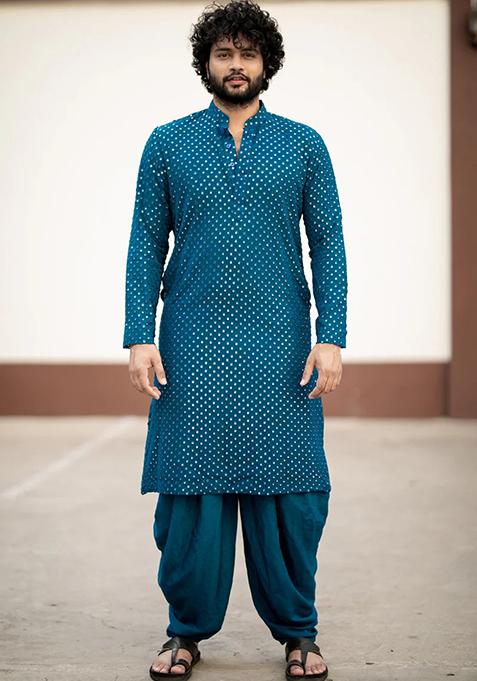 Teal Mirror Embroidered Kurta For Men