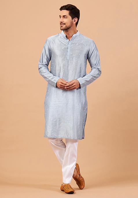 Sky Blue Viva Dot Embroidered Kurta For Men