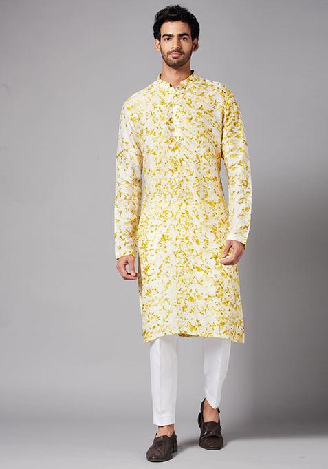 Yellow Whity Natural Dye Printed Kurta For Men