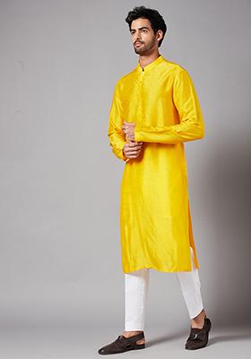 Yellow Solid Raw Silk Blend Kurta For Men