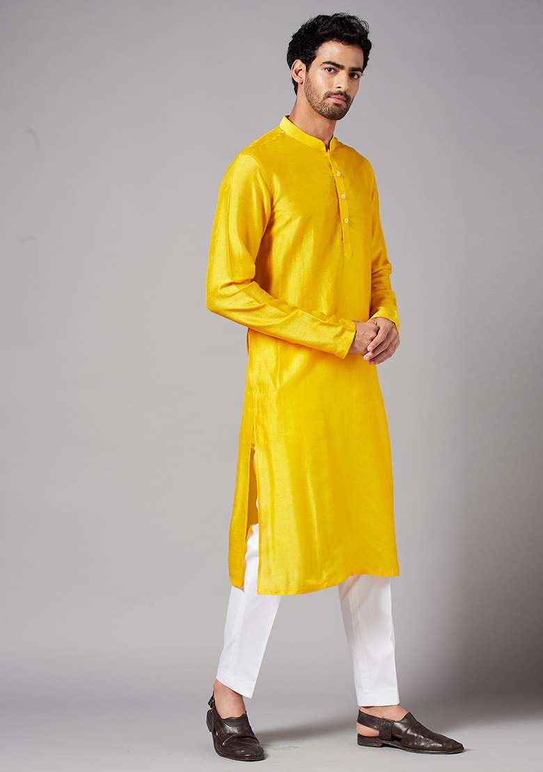 Yellow Solid Raw Silk Blend Kurta For Men - Indya
