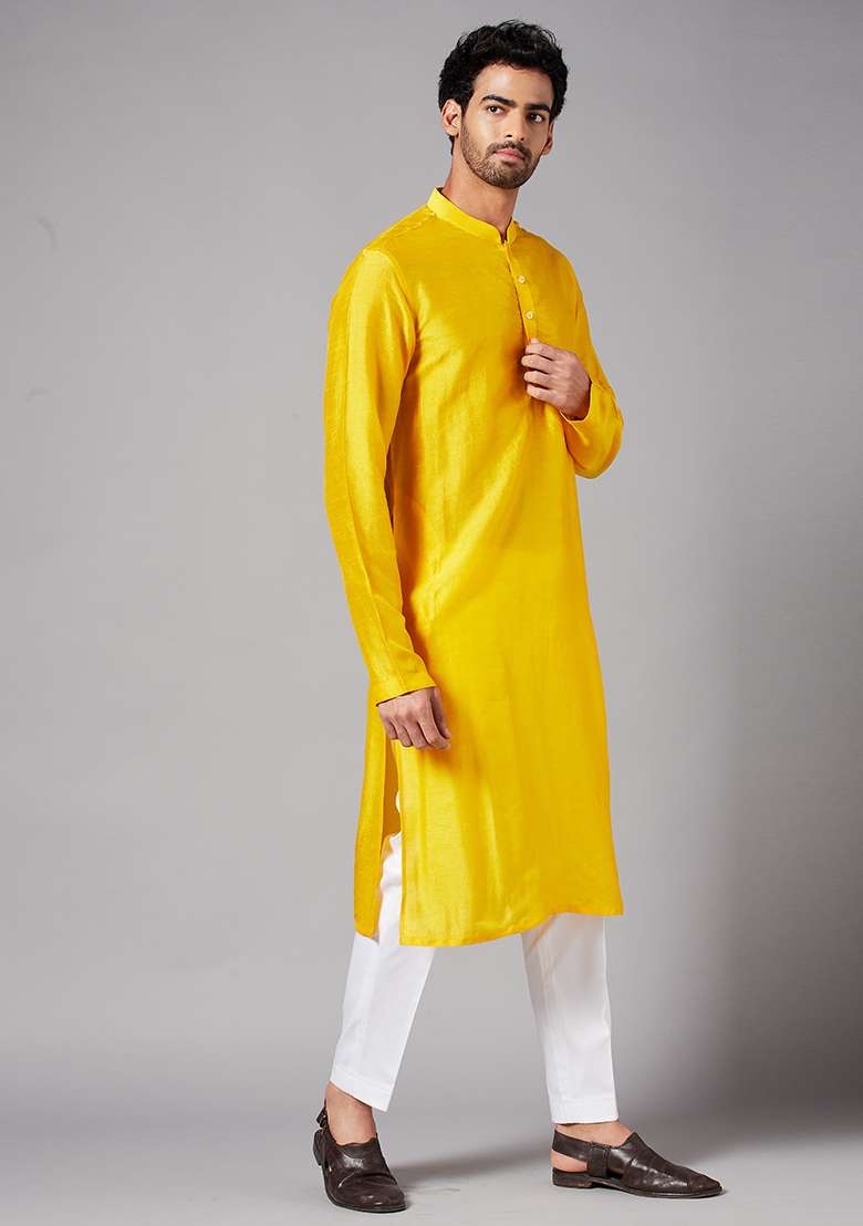 Yellow Solid Raw Silk Blend Kurta For Men - Indya