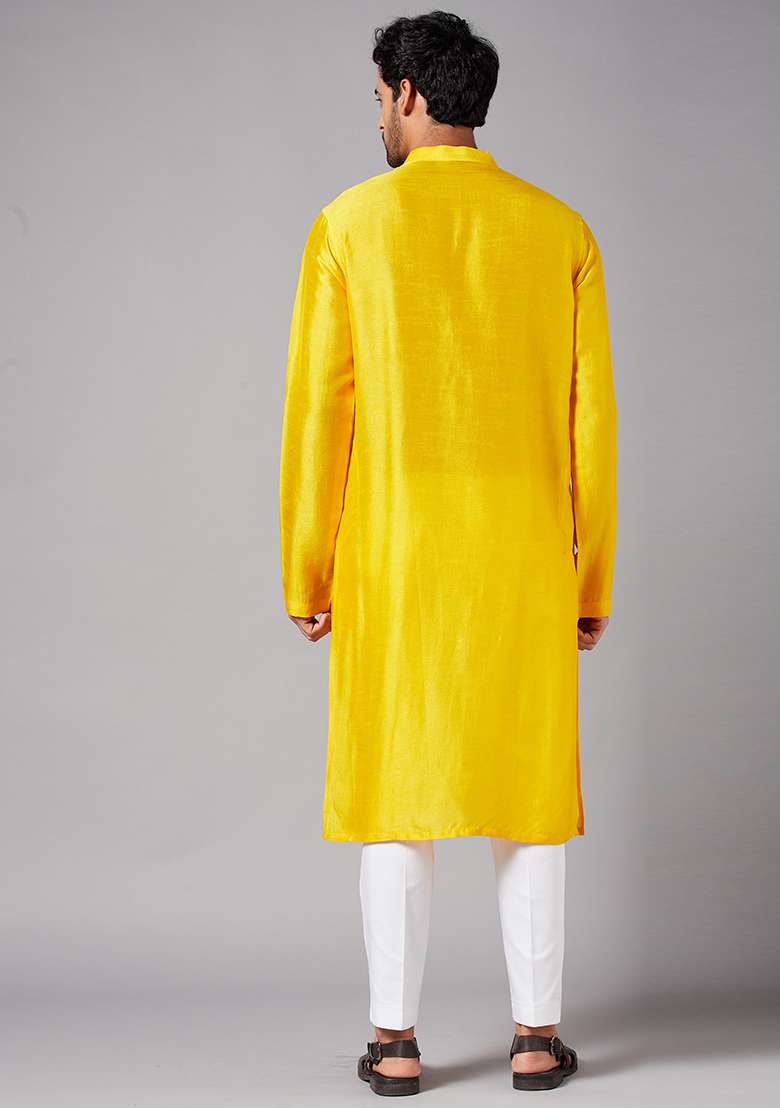 Yellow Solid Raw Silk Blend Kurta For Men - Indya