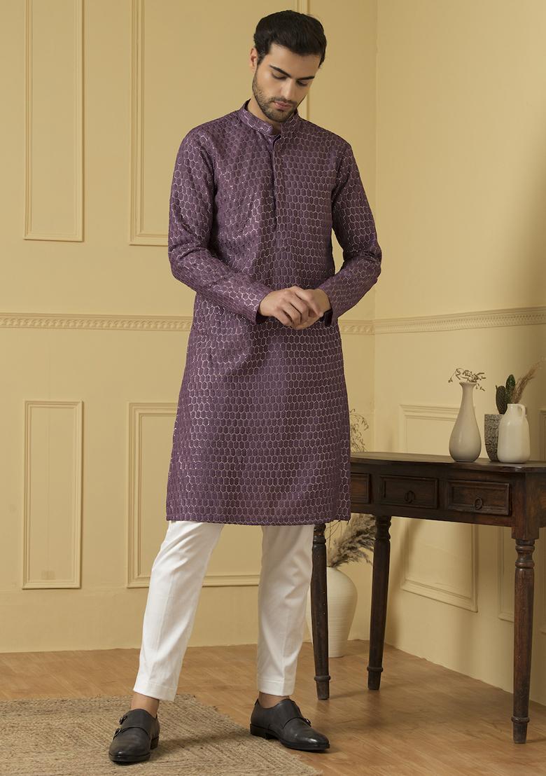 Purple Lucknowi Threadwork Embroidered Kurta For Men