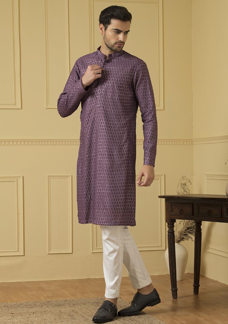 Purple Lucknowi Threadwork Embroidered Kurta For Men