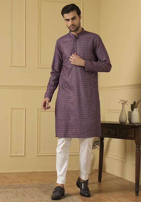 Purple Lucknowi Threadwork Embroidered Kurta For Men