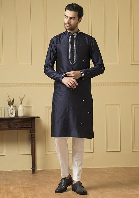 Midnight Blue Mirror Embroidered Kurta For Men