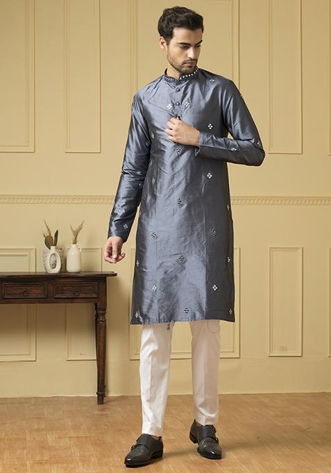 Cobalt Blue Mirror Embroidered Kurta For Men