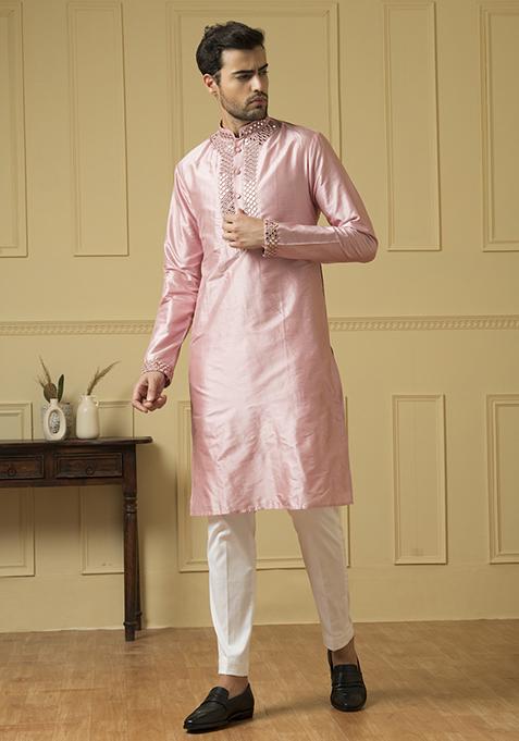 Pink Mirror Embroidered Kurta For Men