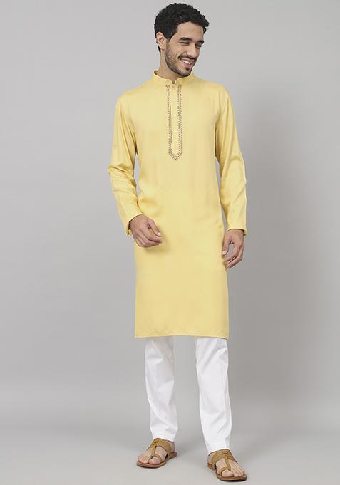 Yellow Neckline Embroidered Cotton Kurta For Men