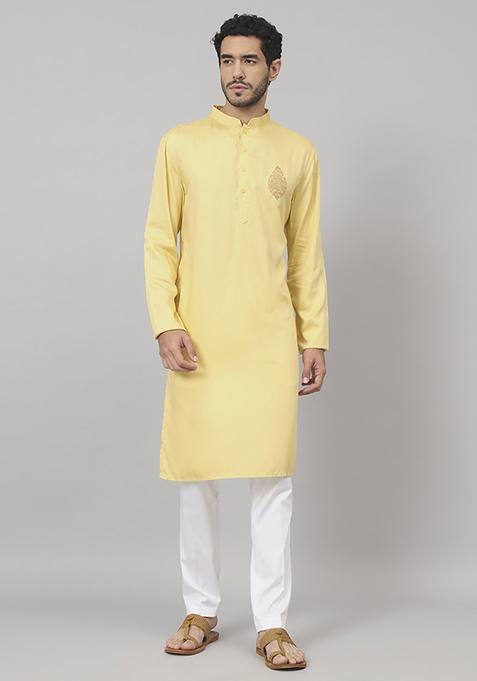 Yellow Paisley Embroidered Cotton Kurta For Men