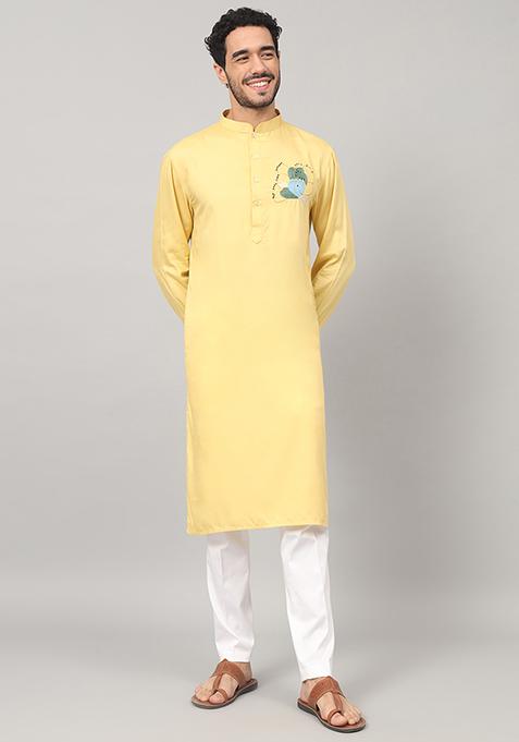 Yellow Abstract Embroidered Cotton Kurta For Men