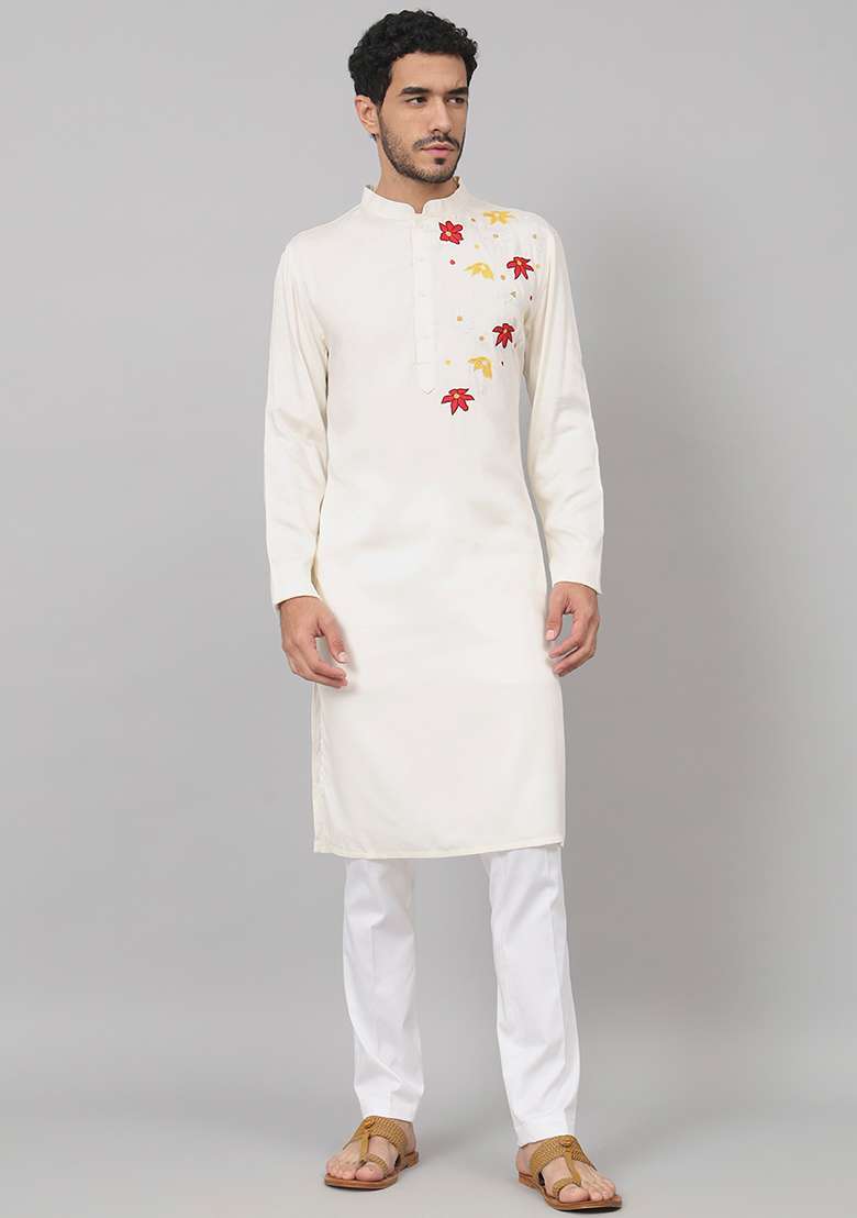 Off White Floral Embroidered Cotton Kurta For Men - Indya