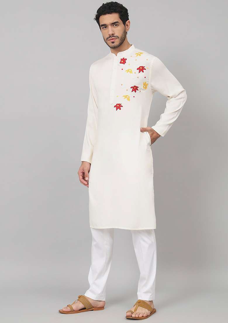 Off White Floral Embroidered Cotton Kurta For Men - Indya