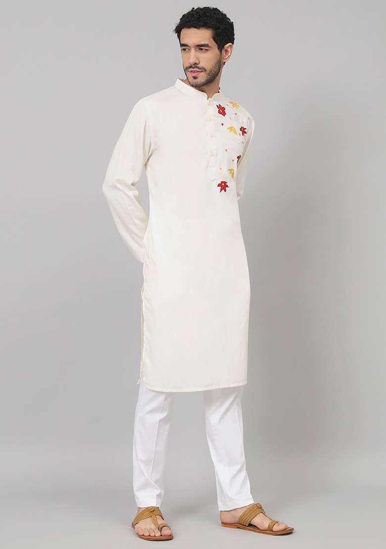 Off White Floral Embroidered Cotton Kurta For Men - Indya