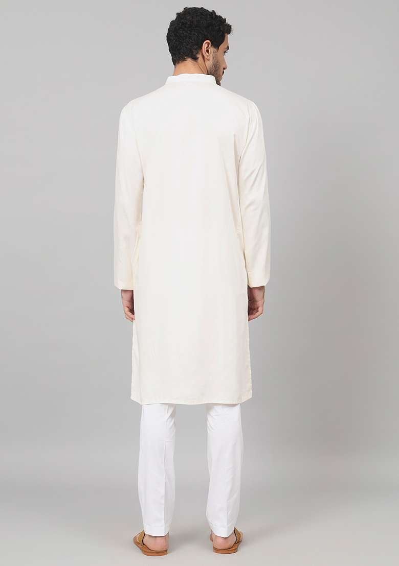 Off White Floral Embroidered Cotton Kurta For Men - Indya