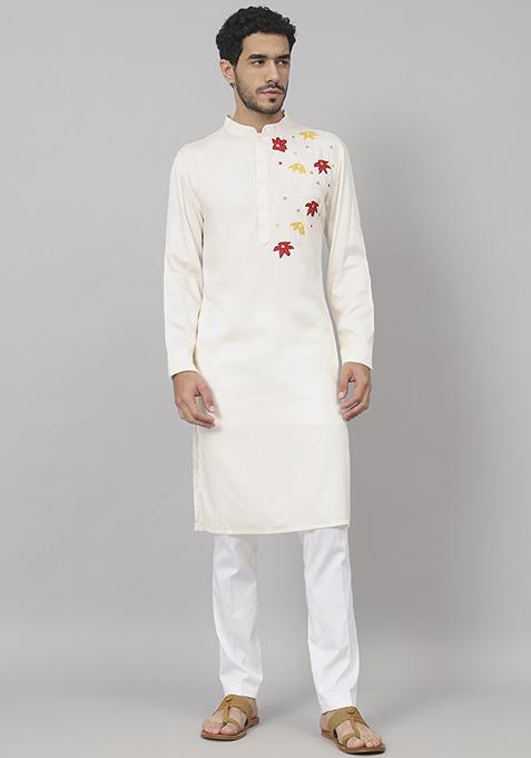 Off White Floral Embroidered Cotton Kurta For Men