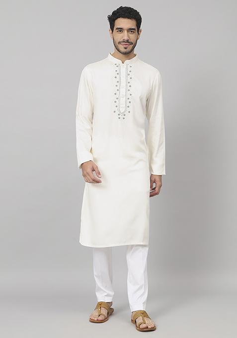 Off White Floral Hand Embroidered Cotton Kurta For Men