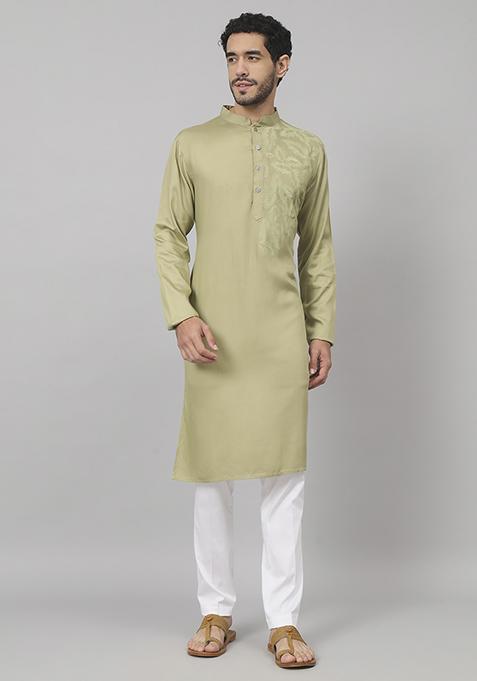 Olive Green Embroidered Cotton Kurta For Men