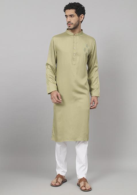 Olive Green Motif Embroidered Cotton Kurta For Men