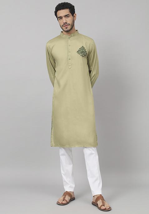 Olive Green Laurel Embroidered Cotton Kurta For Men