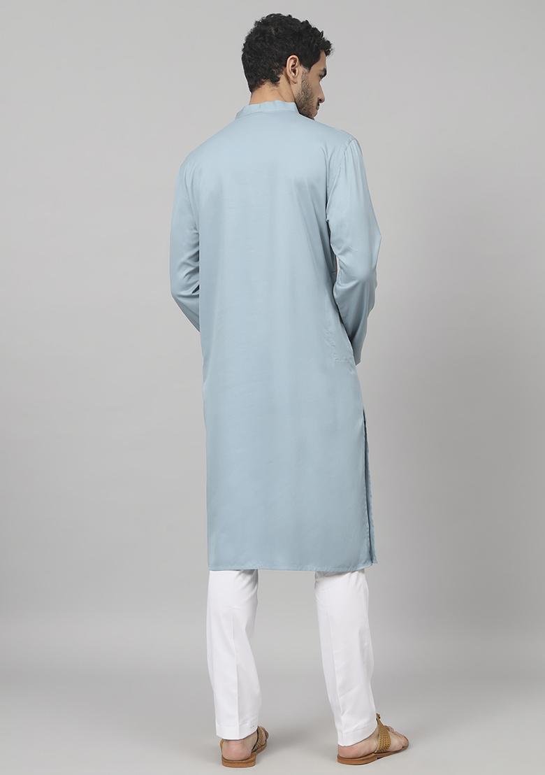 Blue Embroidered Giza Cotton Kurta For Men