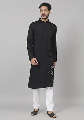 Black Stem Embroidered Cotton Kurta For Men